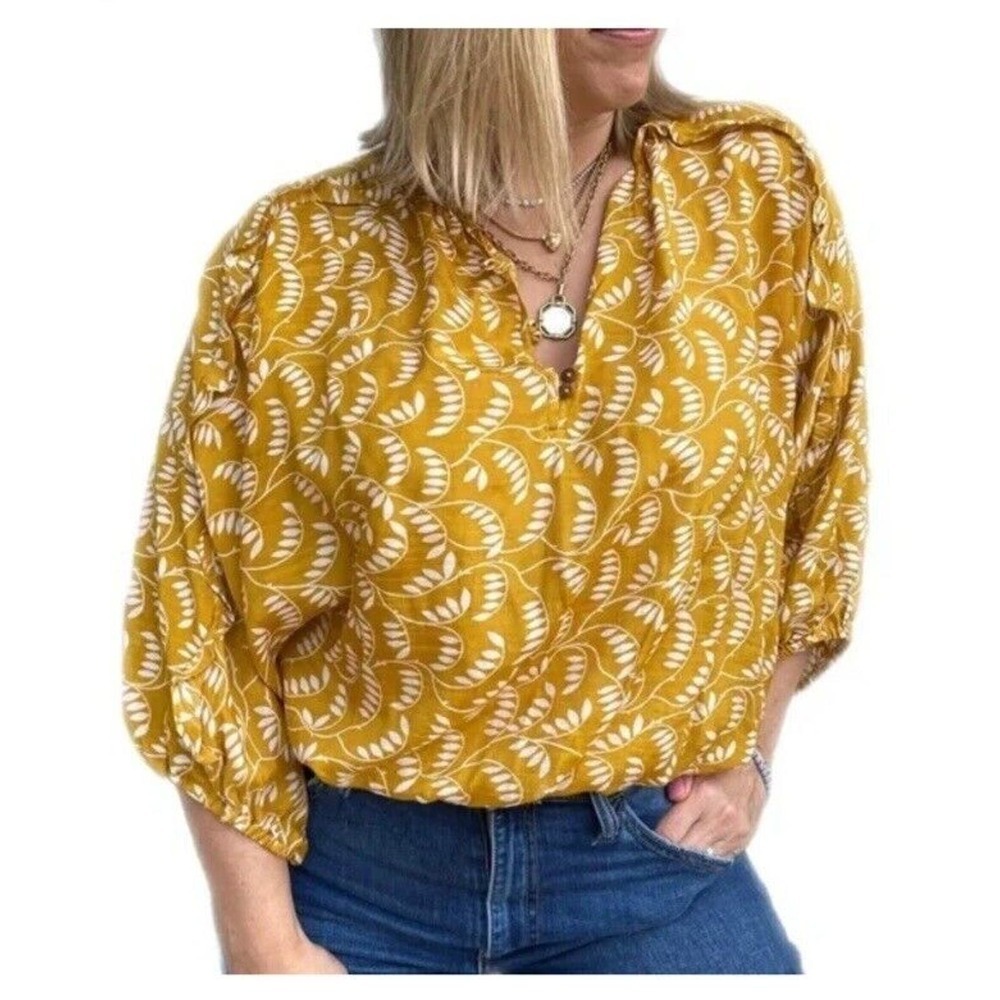 Anthropologie Mustard Leaf Print Top